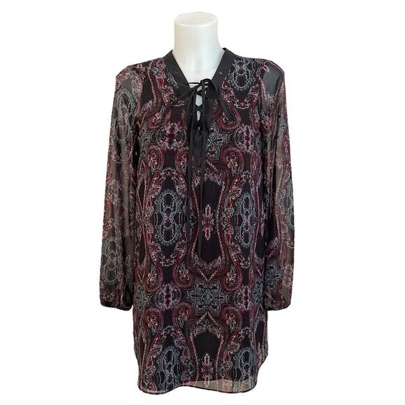 BCBGENERATION Longsleeve chiffon lace front v neck tunic/ dress black paisley XS - Picture 1 of 11